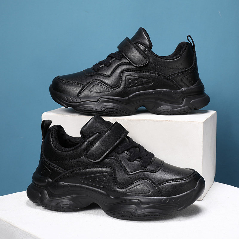 皮面全黑色儿童运动球鞋男童鞋子女孩中大童小学生网面纯白跑步鞋