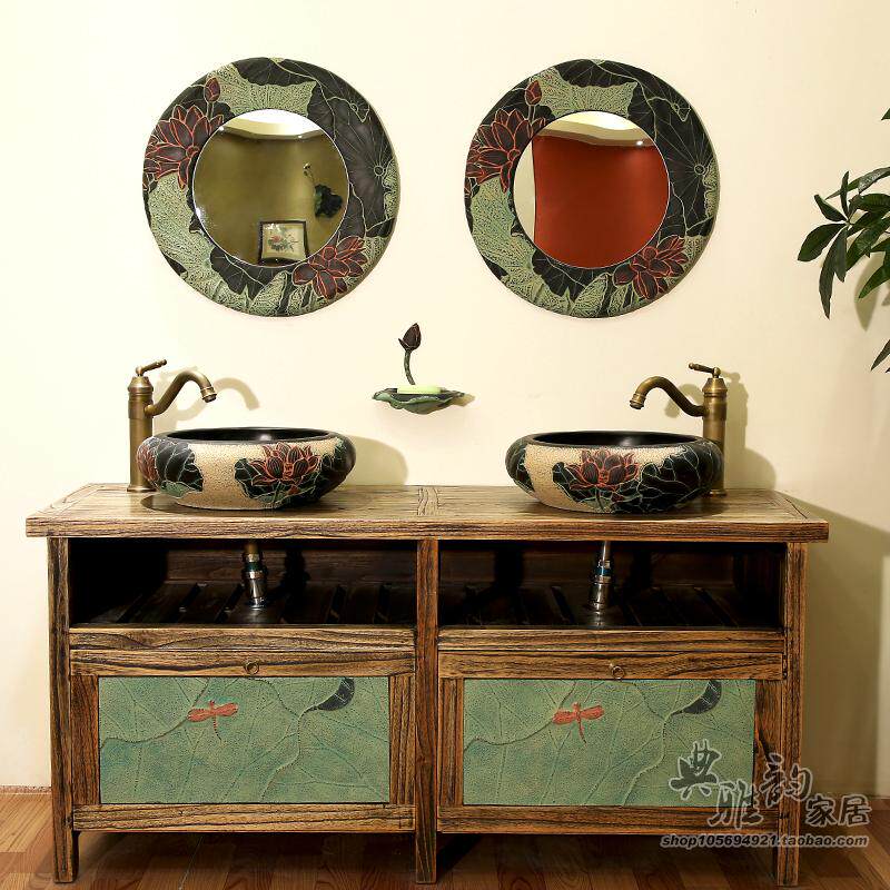 包邮中式仿古浴室柜组合落地式展柜 树脂洗手盆台上盆 双盆台盆柜