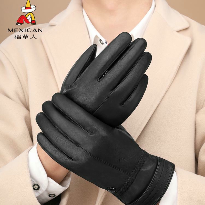 稻草人真皮手套男士冬季2025新款保暖加绒摩托车骑行羊皮手套潮