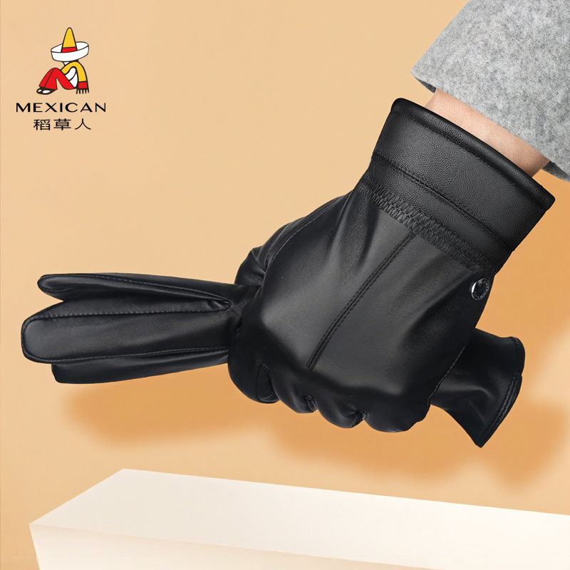 稻草人真皮手套男士冬季2025新款保暖加绒摩托车骑行羊皮手套潮