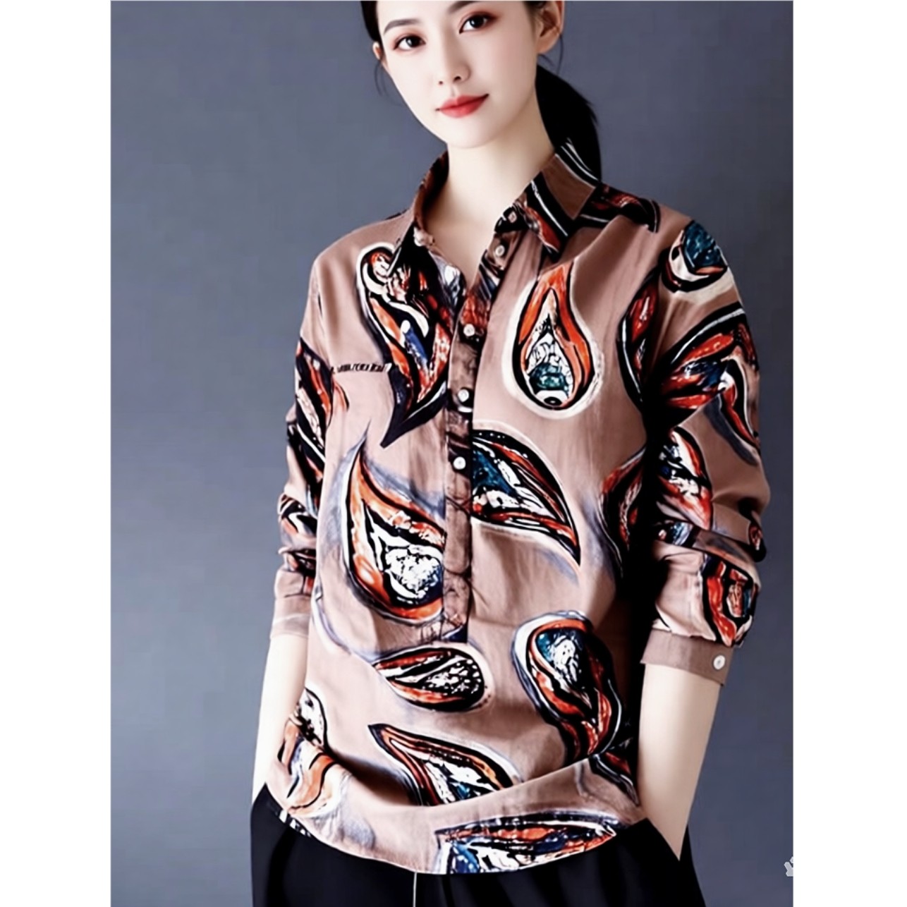 春季翻领单排扣探头花色薄款休闲长袖衬衫百搭女装秋季新款,女装/女士精品,衬衫,淘宝优惠券,粉丝福利购,淘宝优惠卷