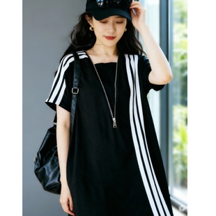 特价孤品宽松腰中长款短袖连衣裙 夏季女裙子