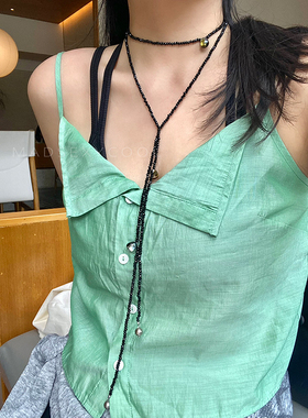 黑色幻彩琉璃手工串珠长款长项链叠戴choker
