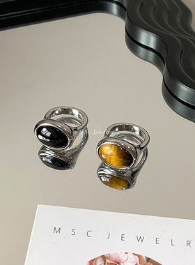 法式复古天然虎眼戒指女玛瑙指环情侣高级个性开口简约纯银圆形