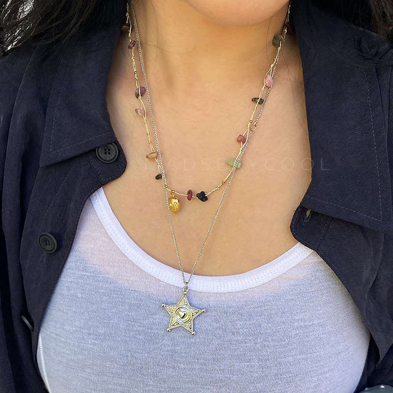 南法度假风手工串珠爱心吊坠项链女款复古彩色石头桃心项链多巴胺