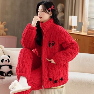 睡衣女冬季 珊瑚绒加厚加绒三层夹棉超厚拉链可外穿冬天家居服套装