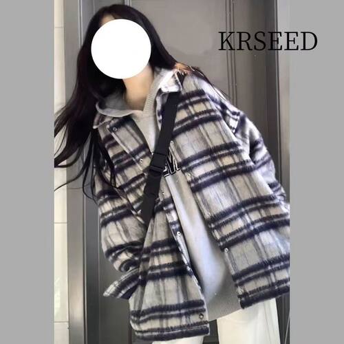 条纹毛呢外套秋冬季香风高级ins潮牌宽松衬衫格子夹克情侣男女ins