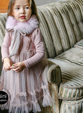 韩国原装进口秋冬款女童加绒加厚长袖公主裙蛋糕裙连衣裙丝带围脖