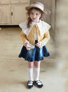 韩国原装进口Puell春秋女童花边毛线长袖开衫大翻领衬衣 半身裙