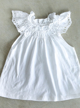 韩国原装进口PUELL 夏季女童镂空蕾丝飞袖无袖背心波点半身纱裙