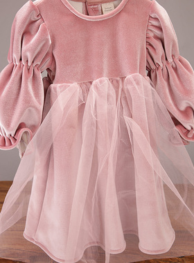 韩国进口秋冬女童洋气百搭加绒加厚红色全丝绒泡泡袖连衣纱裙发箍