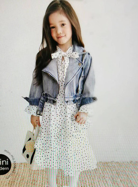 韩国原装进口TN春秋款女童休闲字母牛仔外套短款 白色点点连衣裙