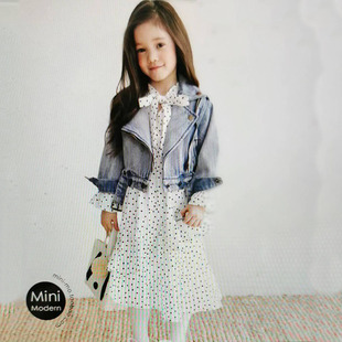 韩国原装进口TN春秋款女童休闲字母牛仔外套短款 白色点点连衣裙