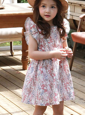 韩国原装进口夏薄Puell女童纯棉花朵树叶飞袖碎花森系连衣公主裙