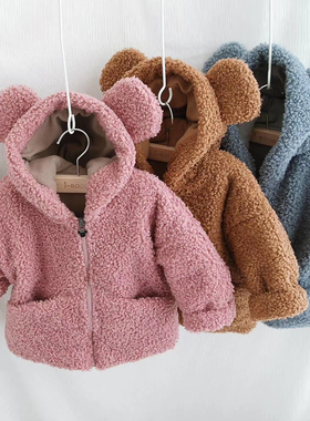 韩国原装进口秋冬男女童小熊耳朵毛绒外套 加厚保暖短款毛圈棉衣