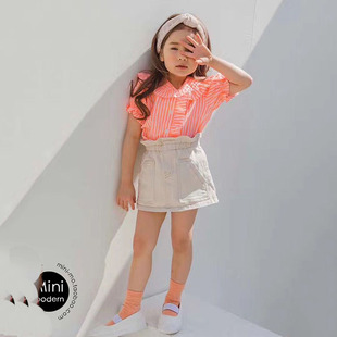 韩国原装进口春秋夏女童收口花边短袖衬衫棉麻蝴蝶结中小童半身裙