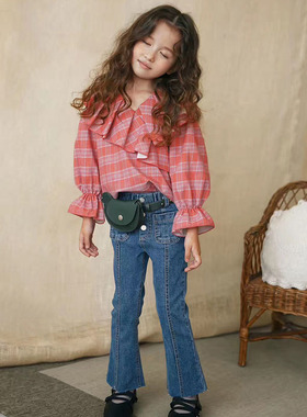 韩国原装进口TN春秋款女童荷叶边长袖格子衬衣 喇叭收口牛仔长裤