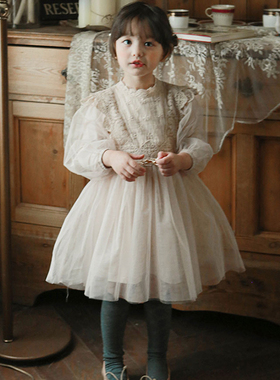 韩国原装进口puell女童春秋蕾丝花边领连衣纱裙舒适长袖公主裙