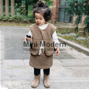 韩国原装进口秋冬女童羊羔毛马甲 甜美小短裙背心坎肩打底半身裙