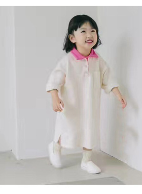 韩国原装进口春秋女童可爱乳白色卫衣裙气质开叉翻领中长袖连衣裙