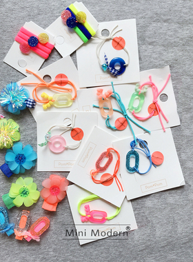 韩国原装进口Pom女童圆圈花朵头绳 椭圆长方三角发夹荧光色发圈