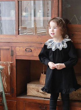 韩国原装进口Puell春秋女童纯棉可爱气质花边领荷叶边长袖连衣裙