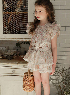 韩国原装进口Puell女童夏薄款纯棉碎花飞袖T恤松紧腰蕾丝蛋糕裙裤