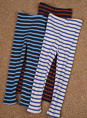 韩国yuan'z进口春秋款男女童舒适全棉九分袖T恤百搭条纹打底长裤