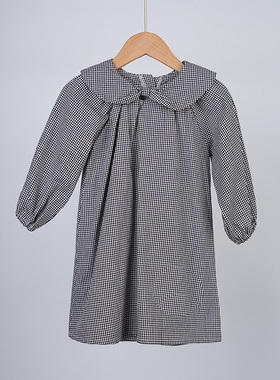 韩国原装进口春秋女童可爱时尚纯棉娃娃领松紧袖口长袖格子连衣裙