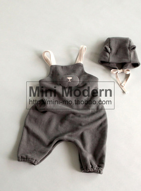 韩国原装进口春秋款男女童纯色舒适小熊背带裤可爱哈衣爬行连体服