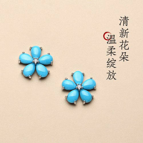 天然睡美人绿松石纯银小雏菊耳钉