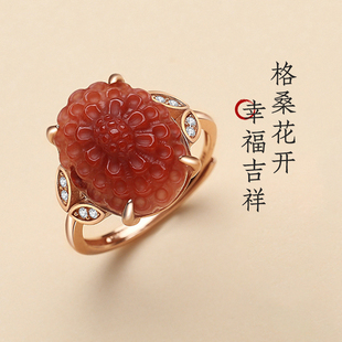 天然南红玛瑙格桑花戒指女满色满肉活口可调节新中式精雕指环手饰