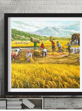 钻石画十字绣满钻农耕丰收新款小幅客厅农民双抢田园风景点钻石绣