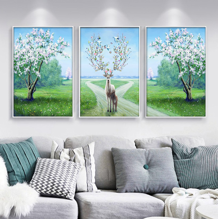 满钻钻石画十字绣发财鹿三联画大幅新款客厅现代大自然风景画钻绣