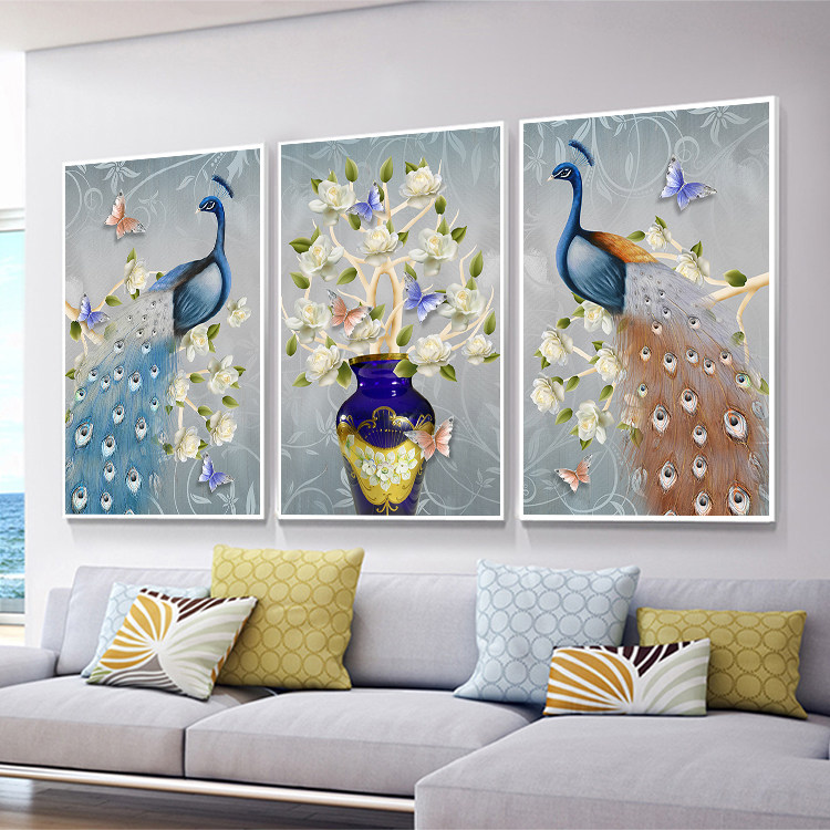 钻石画十字绣花开富贵孔雀花瓶三联画新款大幅满钻客厅欧式点钻绣