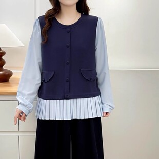 春装新品圆领长袖孕妇衬衫宽大码假两件上衣春秋韩版休闲孕妇卫衣