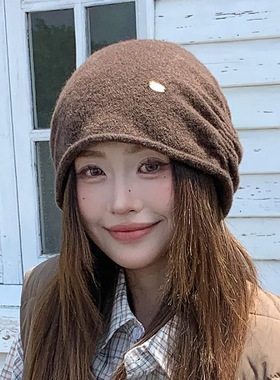 韩系宽松氛围感堆堆帽女秋冬季大头围显脸小毛线帽百搭保暖针织帽
