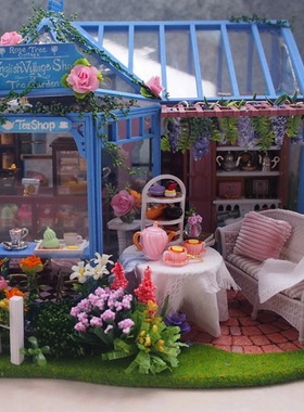 蓝色屋蔷薇庭园茶屋手工制作房子模型玩具送创意生日礼物咖啡花房
