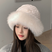 女士秋冬季 新款 皮草帽子獭兔毛编织配狐狸毛帽檐边渔夫帽保暖盆帽