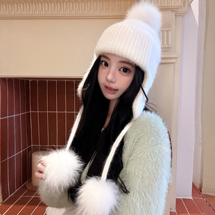 百搭休闲毛线针织雷锋帽狐狸毛球球显脸小真毛球旅行滑雪帽女