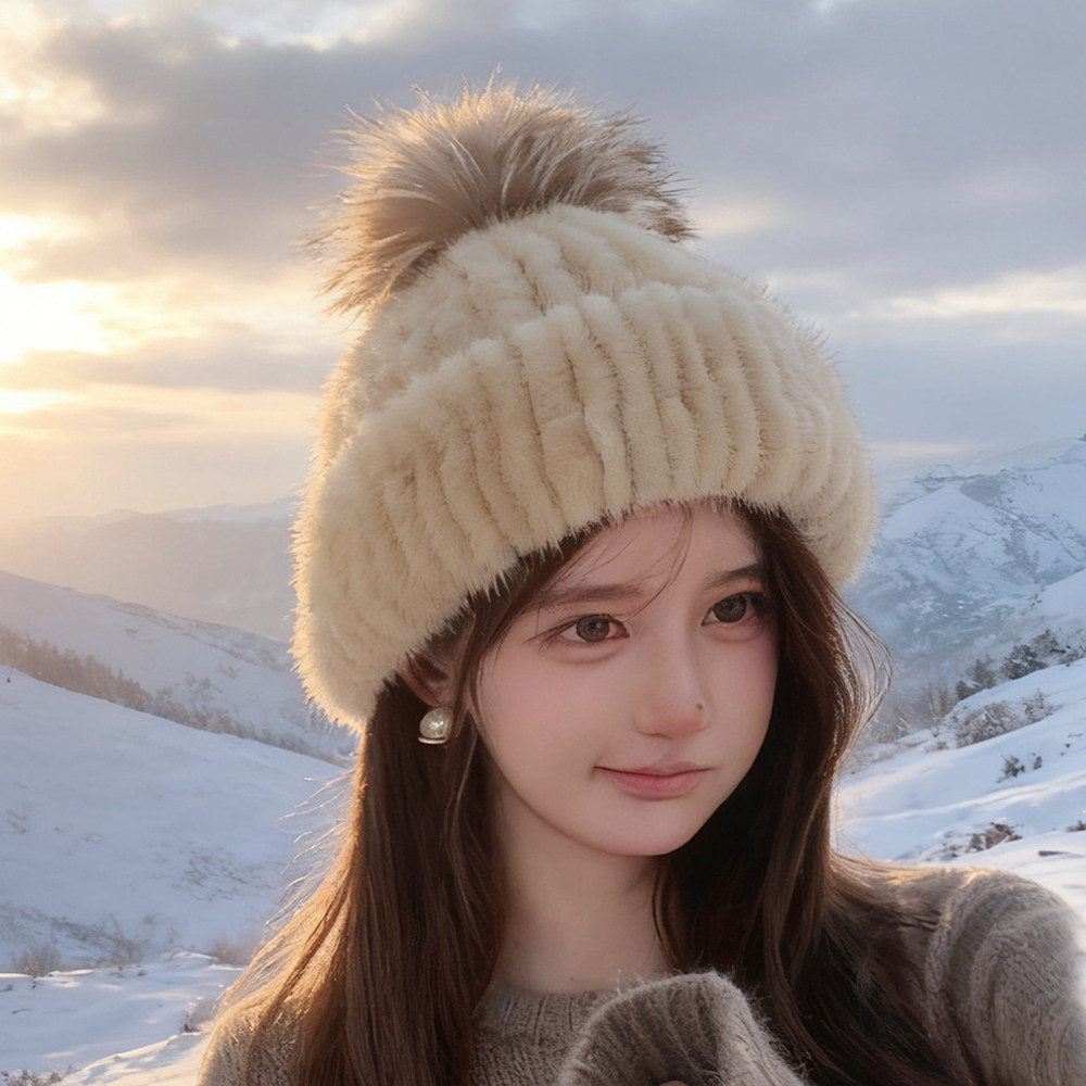 新款女冬季水貂毛帽女可爱狐狸毛球保暖护耳真毛针织帽编织