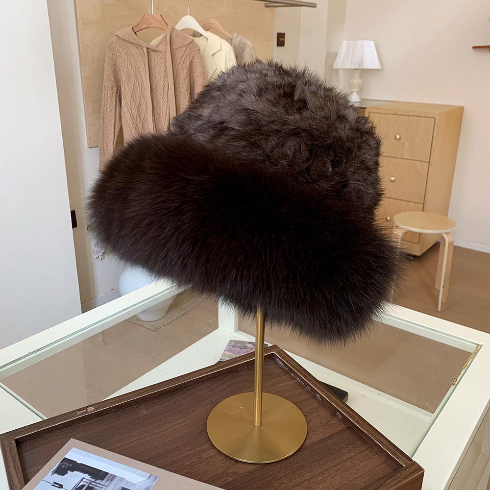 渔夫帽狐狸毛帽檐兔毛编织经典真毛皮草气质女帽冬护耳保暖显脸小