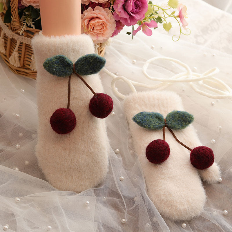 麦田鹿女生水貂毛连指手套加厚