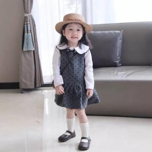 女童套装小碎花边领衬衫加圆点背心裙2025春秋装新款外贸童装