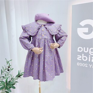 女童裙子小花褶皱领连衣裙24秋装新款外贸童装宝宝3-8岁公主裙