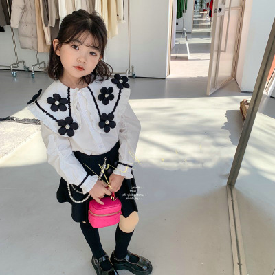 女童套装花朵大领子长袖上衣加半身裙2024春装新款外贸童装儿童