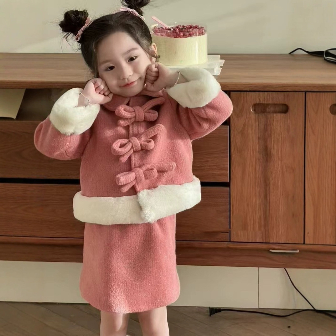 女童套装小香风蝴蝶扣夹棉加厚呢料外套加半身裙24冬装新款