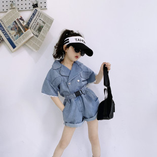 女童套装短款牛仔西服上衣+短裤2024夏装新款外贸童装儿童3-8岁衣
