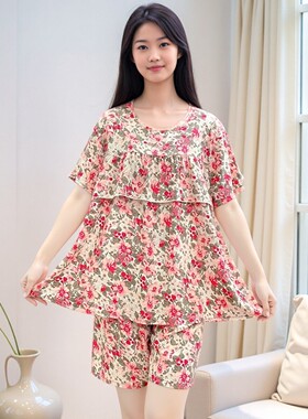 新款夏季防凸点棉绸睡衣女薄款大码人造棉可外穿家居服套装Y116