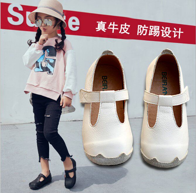 春秋丁字休闲风防踢头女童皮鞋